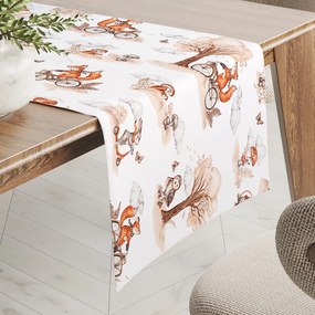 Biante Detský bavlnený behúň na stôl Sandra SA-696 Líšky na bicykloch - hnedé na bielom 35x160 cm