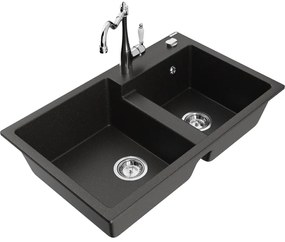 Mexen Tomas, granitový drez 800x500x190 mm, 2-komorový a drezová batéria Carla, čierna-zlatá metalíza, 6516-75-670700-00