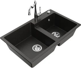 Mexen Tomas, granitový drez 800x500x190 mm, 2-komorový a drezová batéria Carla, čierna-zlatá metalíza, 6516-75-670700-00