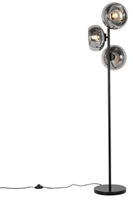 Stojaca lampa v štýle Art Deco čierna s dymovým sklom 3-svetlo - Ayesha