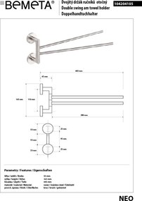 Bemeta Design NEO: Držiak uterákov, 445 mm, dvojitý, otočný - 104204105