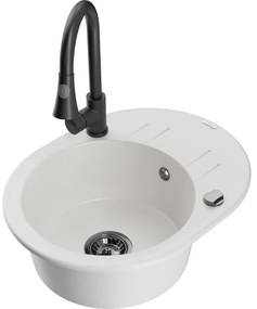 Mexen Kevin, 1-komorový granitový drez 586x458x190 mm a drezová batéria Elia, biela, 6517-20-670101-70