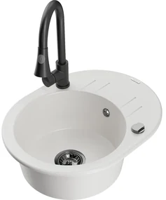 Mexen Kevin, 1-komorový granitový drez 586x458x190 mm a drezová batéria Elia, biela, 6517-20-670101-70