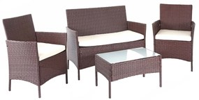 Záhradná súprava 2 kresiel, pohovky a stolíka HWC-D82 - melírovaná hnedá s krémovými vankúšmi