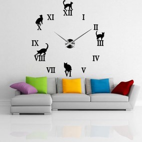 Nalepovacie hodiny na stenu mačky - DIY CAFORD: Čierna Ral 9005 Čierne ručičky 80 cm 3707-33361 12P020 2D CLOCK HEU-