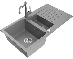 Mexen Matias, granitový drez 900x505x200 mm, 1,5-komorový a drezová batéria Carla, šedá, 6502-71-670700-71