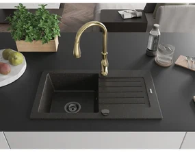 Mexen Pablo, granitový drez 752x436x161 mm, 1-komorový a drezová batéria Savita, čierna-zlatá metalíza, 6510-75-672601-50-B