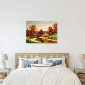Sklenený obraz rieky v jesennej krajine, olejomaľba (70x50 cm)