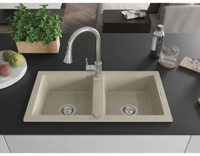 Mexen Mario, 2-komorový granitový drez 820x436x161 mm a drezová batéria Elia, béžová, 6504-69-670101-00