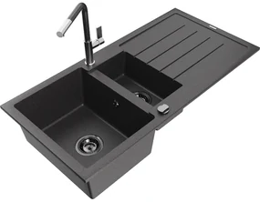 Mexen Andres, 1,5-komorový granitový drez 1000x500x200 mm a drezová batéria Flora, čierna škvrnitá, 6515-76-670401-08-B