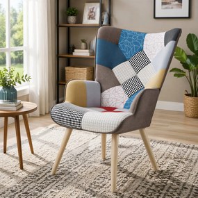 Relaxačné kreslo ušiak BETTY — masív, látka, patchwork