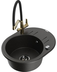 Mexen Kevin, granitový drez 586x458x190 mm, 1-komorový a biela batéria Duo, čierna-zlatá metalíza, 6517-75-671701-57-B