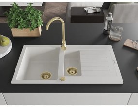 Mexen Matias, 1,5-komorový granitový drez s odkvapkávačom 90x50 cm a kuchynskou batériou Telma, biela, 6502-20-670200-50