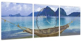 Obraz - Obraz hojdacej siete na pláži 2 (s hodinami) (90x30 cm)
