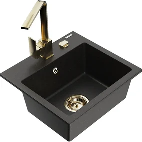 Mexen Milo, 1-komorový granitový drez 435x410x171 mm a zlatá batéria Rita, čierna-zlatá metalíza, 6505-75-670300-50