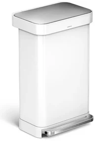Obdĺžnikový pedálový kôš 45 l, biela oceľ, priehradka na vrecká, biela