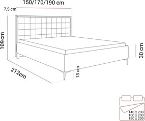 ČALÚNENÁ POSTEĽ NOEMI SILVER 140x200 S ROŠTOM ROYAL VELVET 170