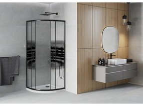 Mexen Rio, štvrťkruhový sprchovací kút s posuvnými dverami 90(dvere) x 90(dvere) x 190 cm, 6mm číre sklo s pásikmi, čierny profil + biela sprchová vanička Slim, 863-090-090-70-20-4110B