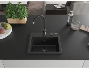Mexen Milo, 1-komorový granitový drez 435x410x171 mm a čierna batéria Telma, čierna-strieborná metalíza, 6505-73-670200-70-B