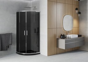 Mexen Rio, štvrťkruhový sprchovací kút s posuvnými dverami 80 x 80 cm, 6mm šedé sklo, chrómový profil + čierna sprchová vanička, 863-080-080-01-30-4170