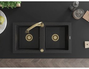 Mexen Mario, 2-komorový granitový drez 820x436x161 mm a drezová batéria Elia, čierna-strieborná metalíza, 6504-73-670101-50