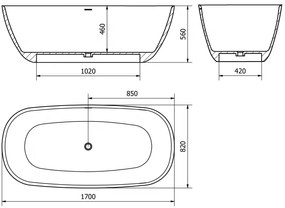 Mexen Como, voľne stojaca vaňa z konglomerátu 170 x 82 cm, betónová matná, 57311708261
