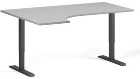 Rohový výškovo nastaviteľný stôl, 160x120 cm, 2 motory, L/P, čierna podnož, sivá