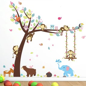 Veselá Stena Samolepka na stenu na stenu Strom s hojdačkou a zvieratkami