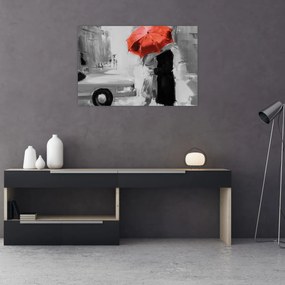 Obraz - Zamilovaný pár pod dáždnikom, červený (90x60 cm)