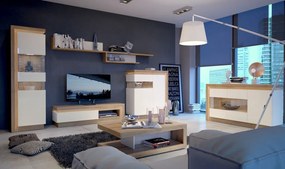 Skrika s presklením Lyon, dub riviera/biely  lesk, s osvetlením, ľavá