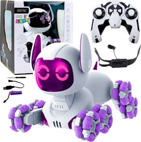 LEAN Toys Robotický pes TOOBY s diaľkovým ovládaním RC, 360°, svetlá, zvuky, bielo-fialový