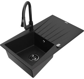 Mexen Cesar, 1-komorový granitový drez 775x470x190 mm a drezová batéria Elia, čierna, 6514-77-670101-70-B