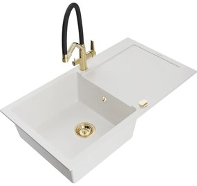 Mexen Leo, 1-komorový granitový drez 900x500x190 mm a drezová batéria Duo, biela, 6501-20-671701-57-G