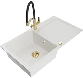 Mexen Leo, 1-komorový granitový drez 900x500x190 mm a drezová batéria Duo, biela, 6501-20-671701-57-G