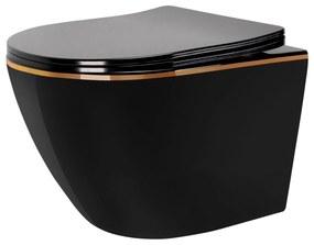 Rea Carlo Mini, rimless závesná misa 49x37 cm so sedátkom s pomalým zatváraním, čierna-zlatý okraj, REA-C8800