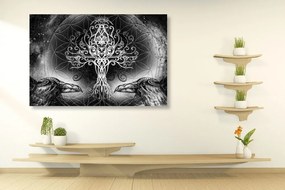 Obraz havrany a strom života v čiernobielom prevedení Varianta: 120x80