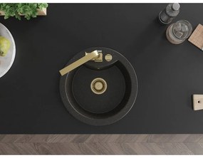 Mexen Diego, 1-komorový granitový drez 488x488x167 mm, zlatý sifón, zlatá lesklá batéria Rita, čierna-zlatá metalíza, 6512-75-670300-50