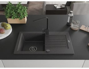 Mexen Pablo, granitový drez 752x436x161 mm, 1-komorový a čierna batéria Rita, čierna škvrnitá, 6510-76-670300-70-B
