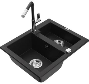 Mexen Carlos, 1,5-komorový granitový drez 582x475x177 mm a drezová batéria Flora, čierna, 6518-77-670401-07