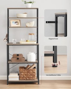 Kuchynský regál, 6 políc a 6 háčikov, 40 x 60 x 167 cm, sivá a čierna farba