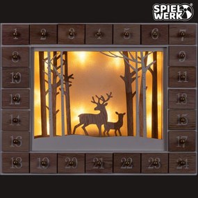 Drevený adventný kalendár s LED osvetlením, Zimný les 35x6x27cm