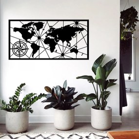 Nástenná kovová dekorácia Mapa sveta kompas 100x50 cm čierna