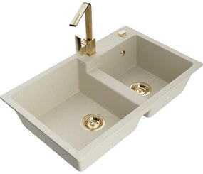 Mexen Tomas, granitový drez 800x500x190 mm, 2-komorový a zlatá batéria Rita, béžová, 6516-69-670300-50