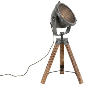 Priemyselná stolná lampa trojnožka oceľ s dreveným sklonom - Emado