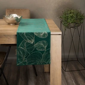 Zamatový stredový obrus s lesklou potlačou listov zelenej farby Šírka: 35 cm | Dĺžka: 180 cm