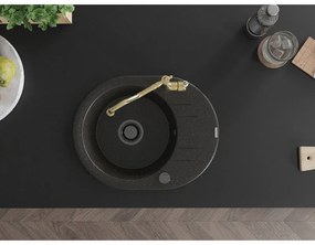 Mexen Kevin, drez granitový 586x458x190 mm, 1-komorový a drezová batéria Carla, čierna-zlatá metalíza, 6517-75-670700-50-B