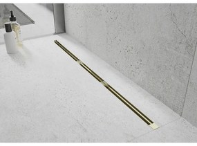 Mexen Flat Super Slim, super tenký odtokový žľab s 360° rotačným sifónom 140 cm, zlatá lesklá, 1551140