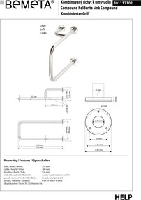 Bemeta Design HELP: Madlo, s dvojitým kotvením, k umývadlu, ľavé, s krytkou, mat - 301112102