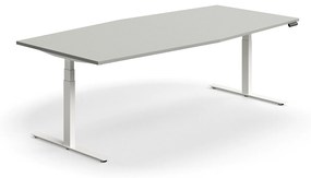 Výškovo nastaviteľný rokovací stôl QBUS, ovál, 2400x1200 mm, biely rám, svetlošedá