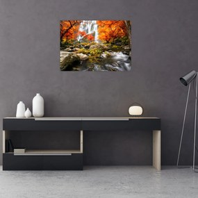 Obraz - Vodopády v jesennej krajine, oranžový (70x50 cm)
